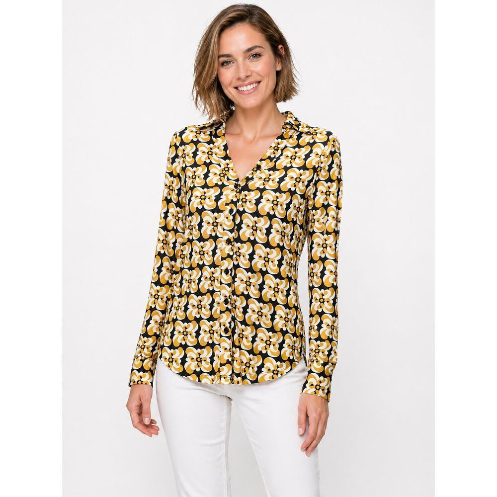Philosophy Retro Floral Blouse XS Yellow Black Button Front Boho 70s Print Top